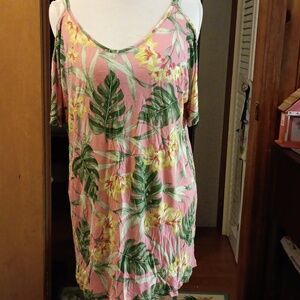 Xl Caribbean Joe cold shoulder top pink w tropical leaves and yellow flowers